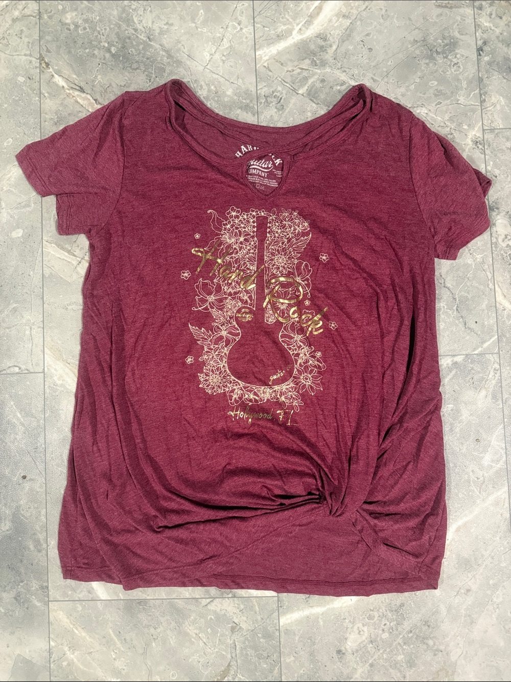 Hard Rock Cafe Burgundy Short-Sleeve Tee with Gold Guitar Floral Graphic